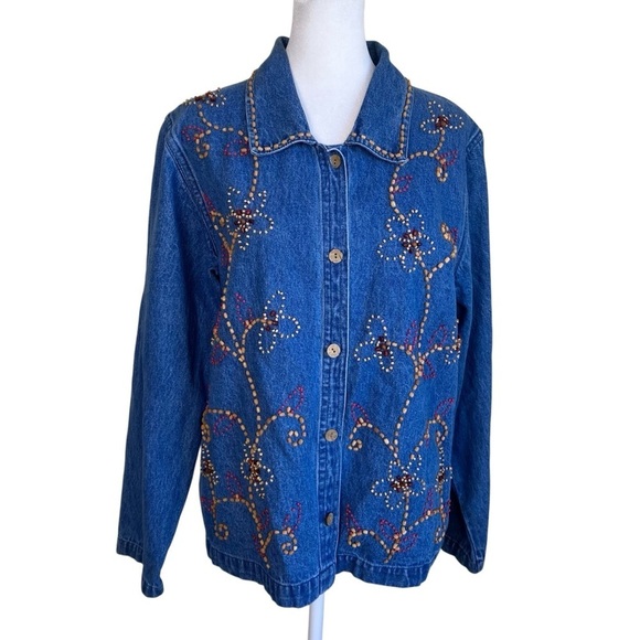 KEREN Hart Vintage 90s Floral Beaded Embellished Denim Shirt Shacket Boxy Fit S - Picture 1 of 16